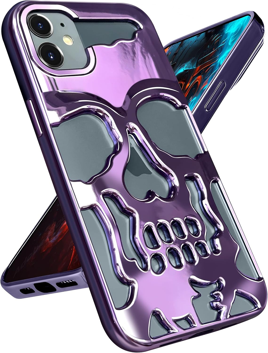 for Iphone 11 Case for Men, Women Cool Skull Skeleton Funny Gothic Hollow Cases for Boy Girls, Fashion Hollowed Designer Plated Shockproof Goth Cover for Iphone 11 Purple