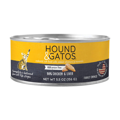 Hound & Gatos Wet Cat Food 98% Chicken & Liver case of 24 5.5 oz cans