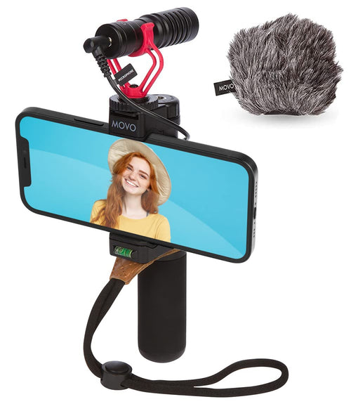 Movo Smartphone Vlogging Kit for iPhone with Shotgun Microphone Grip Handle Wrist Strap for iPhone and Android Smartphones for TIK Tok Vlog YouTube Starter Kit and Content Creator Kit