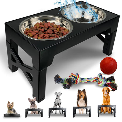 THREE BROS PET BOWLS Elevated Dog Bowl Stand With 2 Stainless Steel Bowls Raised Dog Food Water Bowl Comes In Black Has 5 Adjustable Heights Non-Slip Bottom Platos Para Perros. Plato De Comida