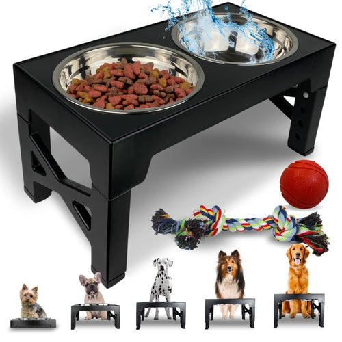 THREE BROS PET BOWLS Elevated Dog Bowl Stand With 2 Stainless Steel Bowls Raised Dog Food Water Bowl Comes In Black Has 5 Adjustable Heights Non-Slip Bottom Platos Para Perros. Plato De Comida