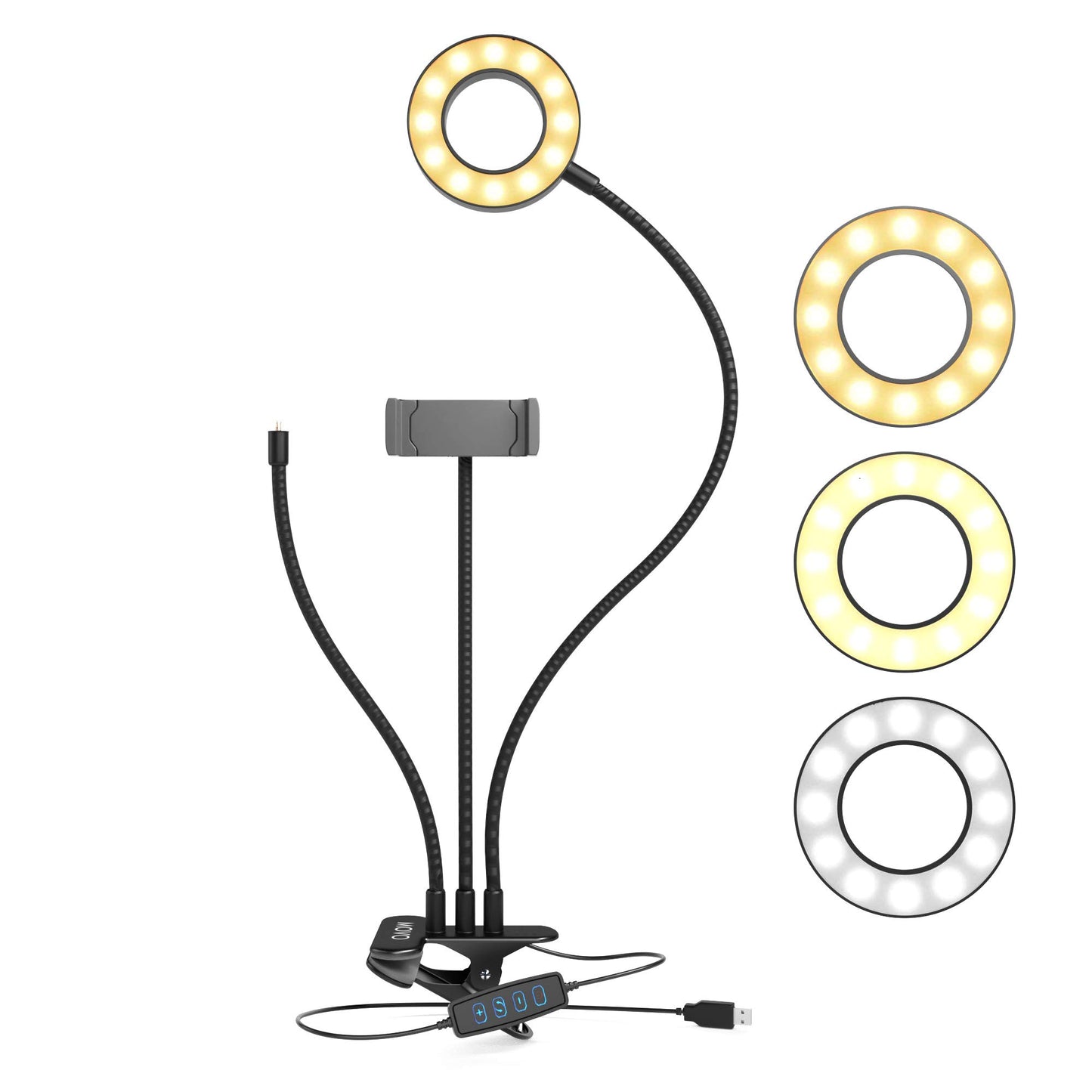 Movo VGC-3 Selfie Ring Light Stand with Cell Phone Holder and Third Flexible Arm with a 1/4" Mount for Microphones - for TIK Tok YouTube Live Stream Tutorial Vlog - Compatible with iPhone/Android
