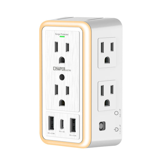 USB Wall Charger Surge Protector Super Electro 6 Outlet Extender with 3 USB Charging Ports (5V 3.4A Total) and Night Light 3-Sided 1500J Multi Plug Wall Outlet for Home Office ETL Listed